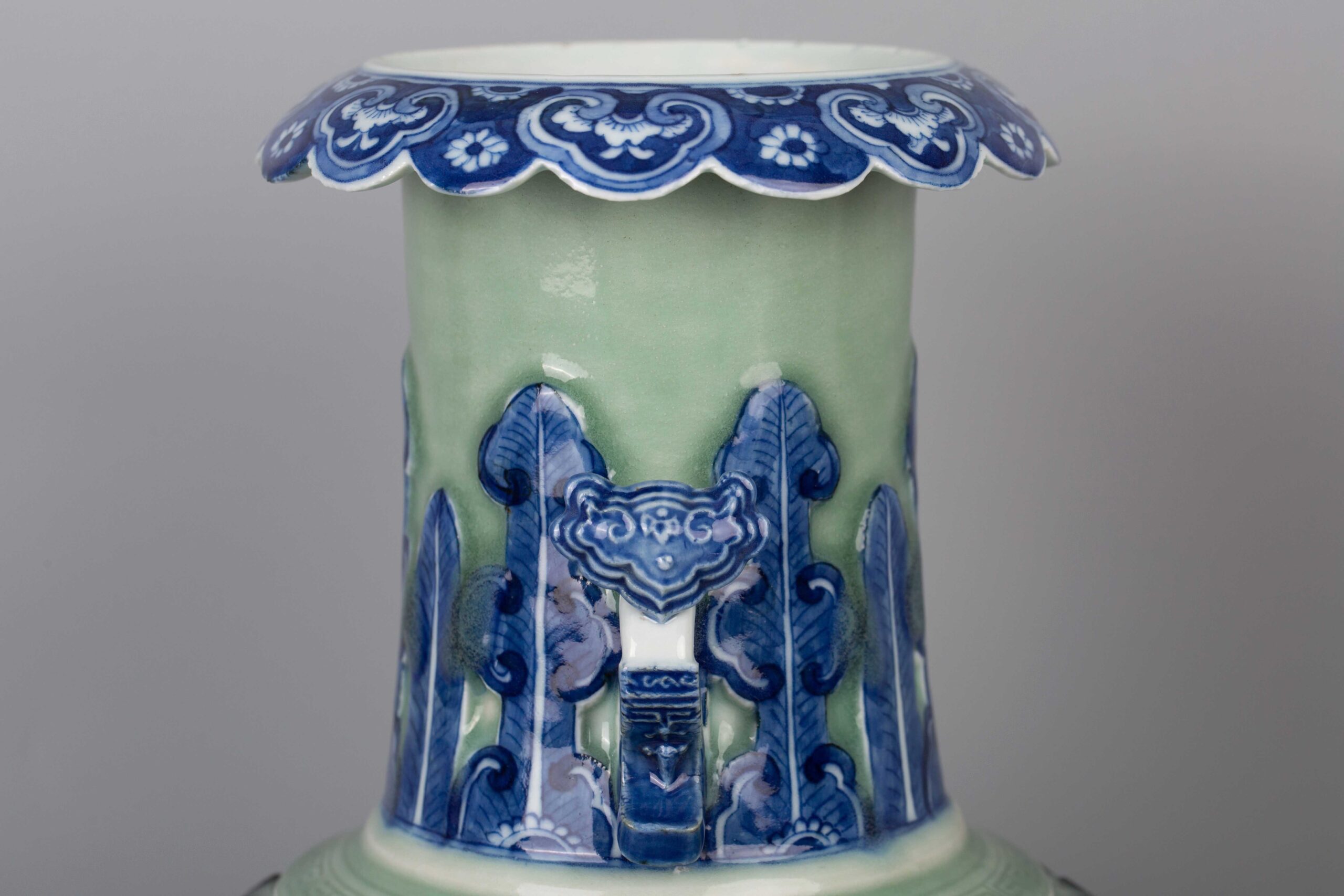 Celadon Glaze Blue and White Vase 19th century豆青釉青花如意，折口