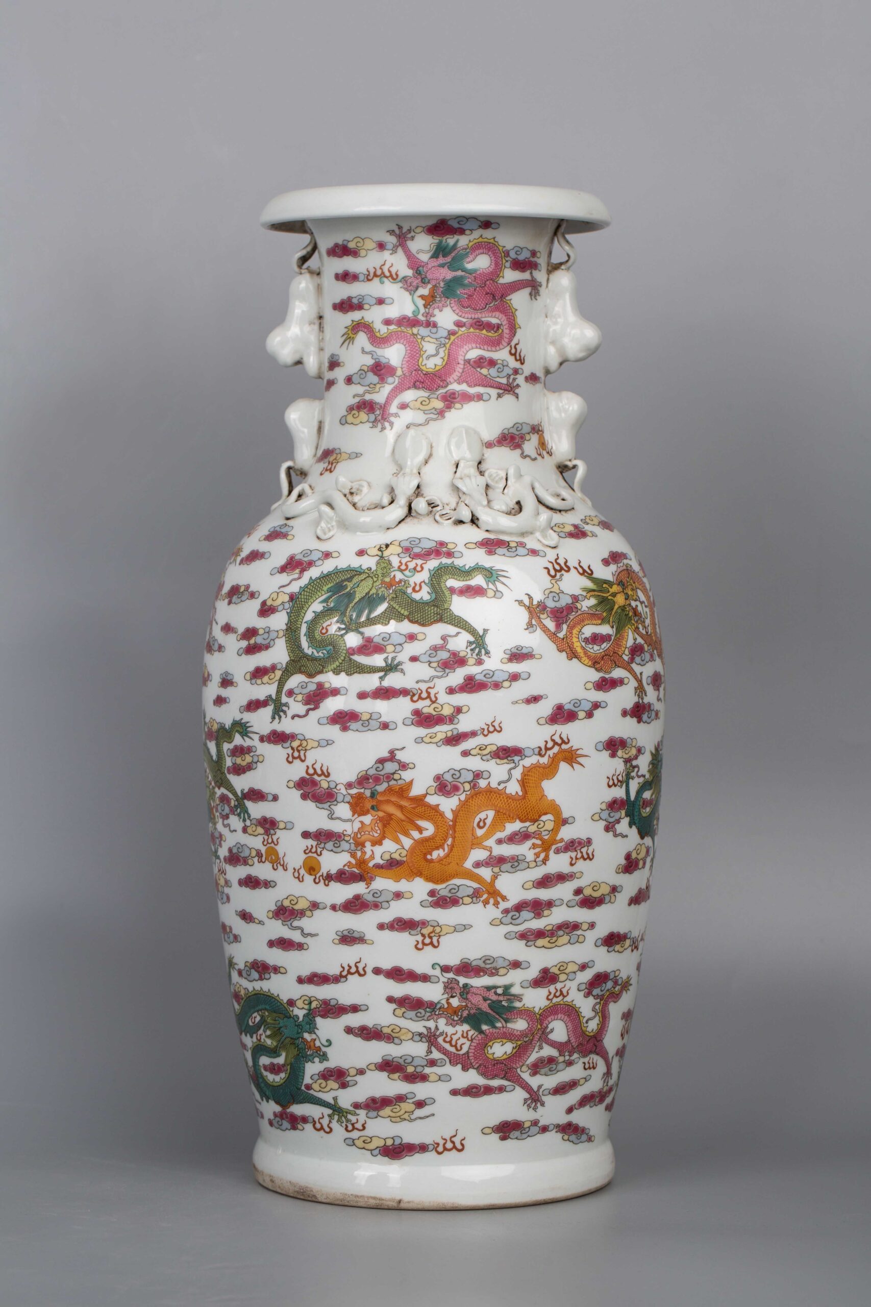 A pair of famille rose vases with dragon pattern and animal ears 