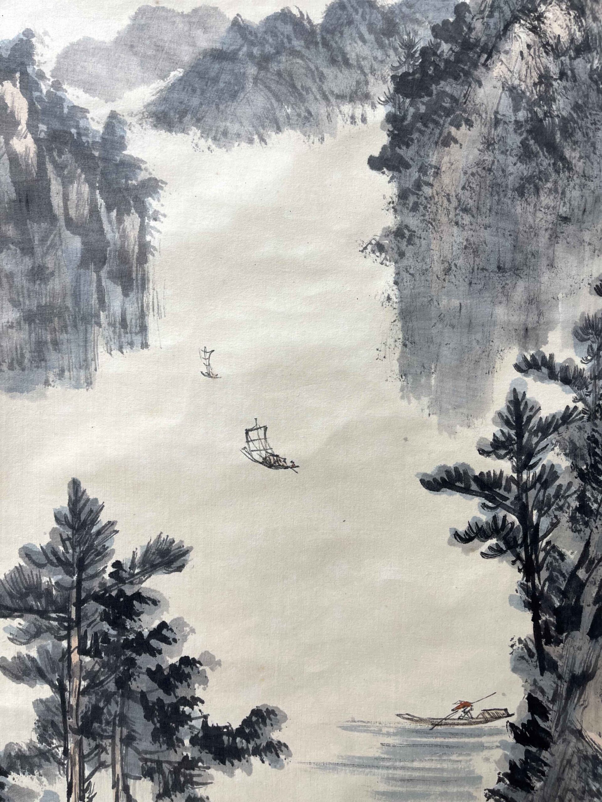 Landscape Chinese Painting Liu Shi Mark悬崖留树影，  古寺响钟声，应有高僧在，能空尘世情。刘实，字剑韬，1925年投考黄埔军官学校，为第四期步兵科学员。后升任少将师长。1949年去台湾后，40余年一直在台“立法院”。