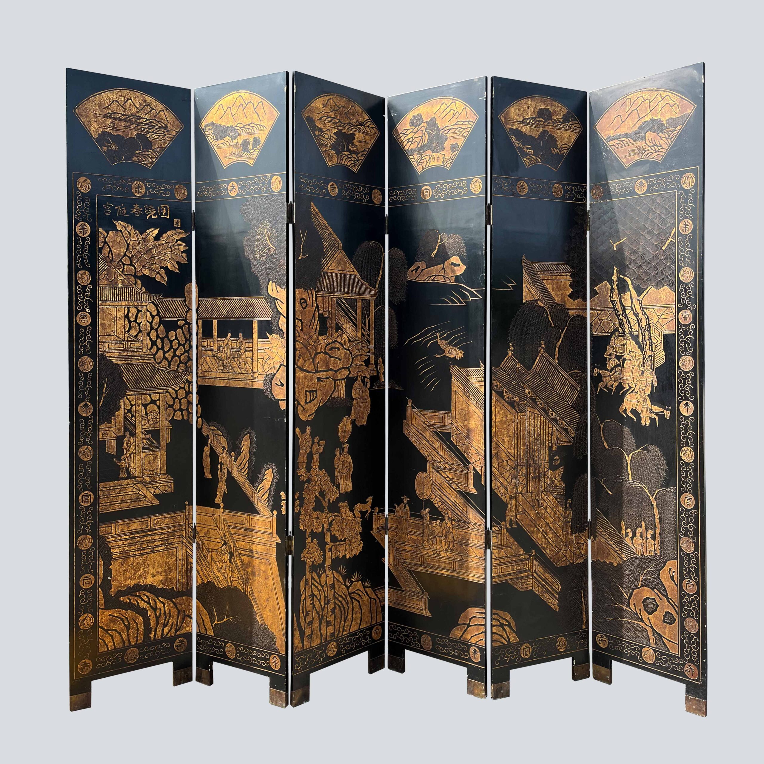 Antique Chinese Double-sided Lacquer Screen (six pieces), 19th to 
