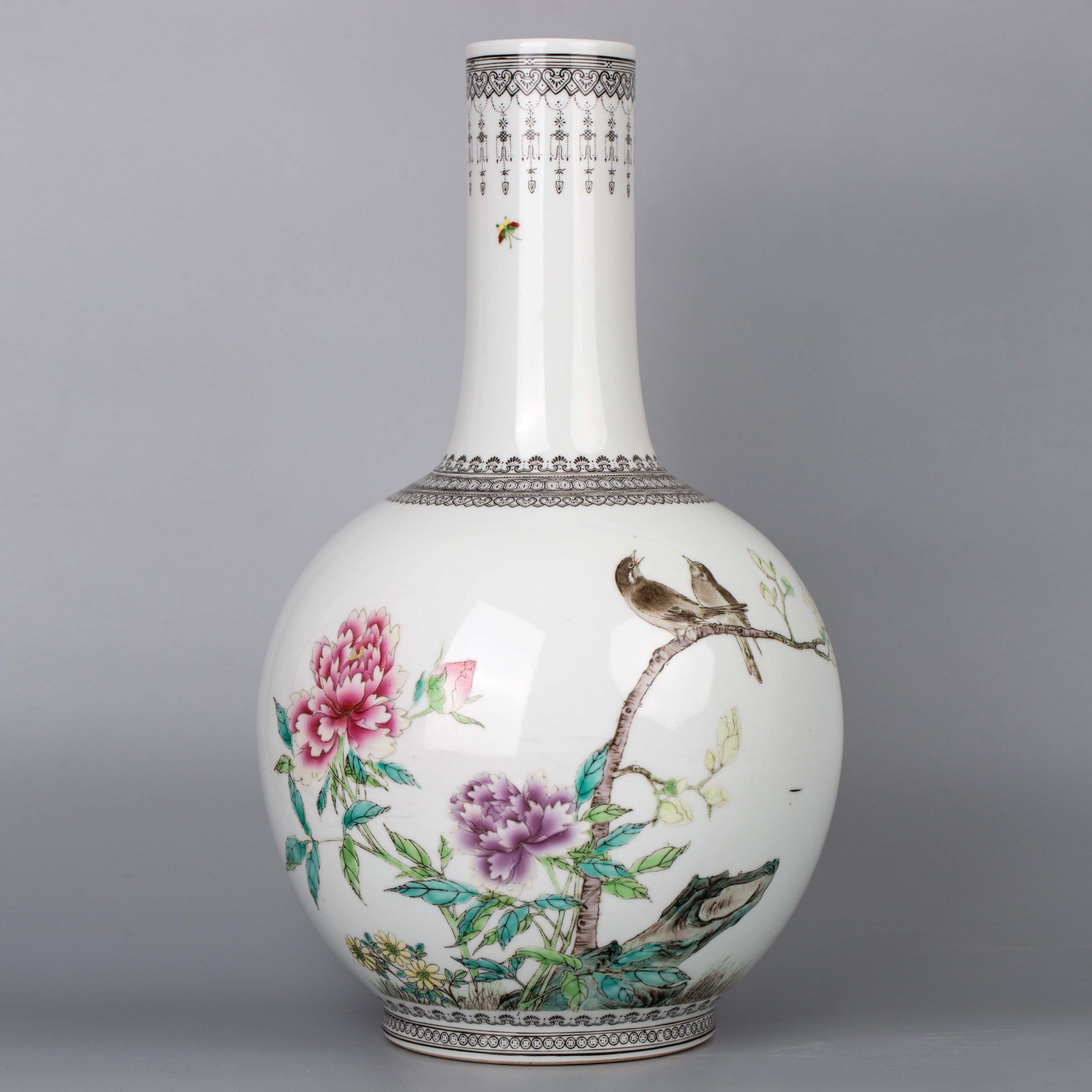 Famille rose flower and bird vase, tianqiuping, 1950s-1970s, made 