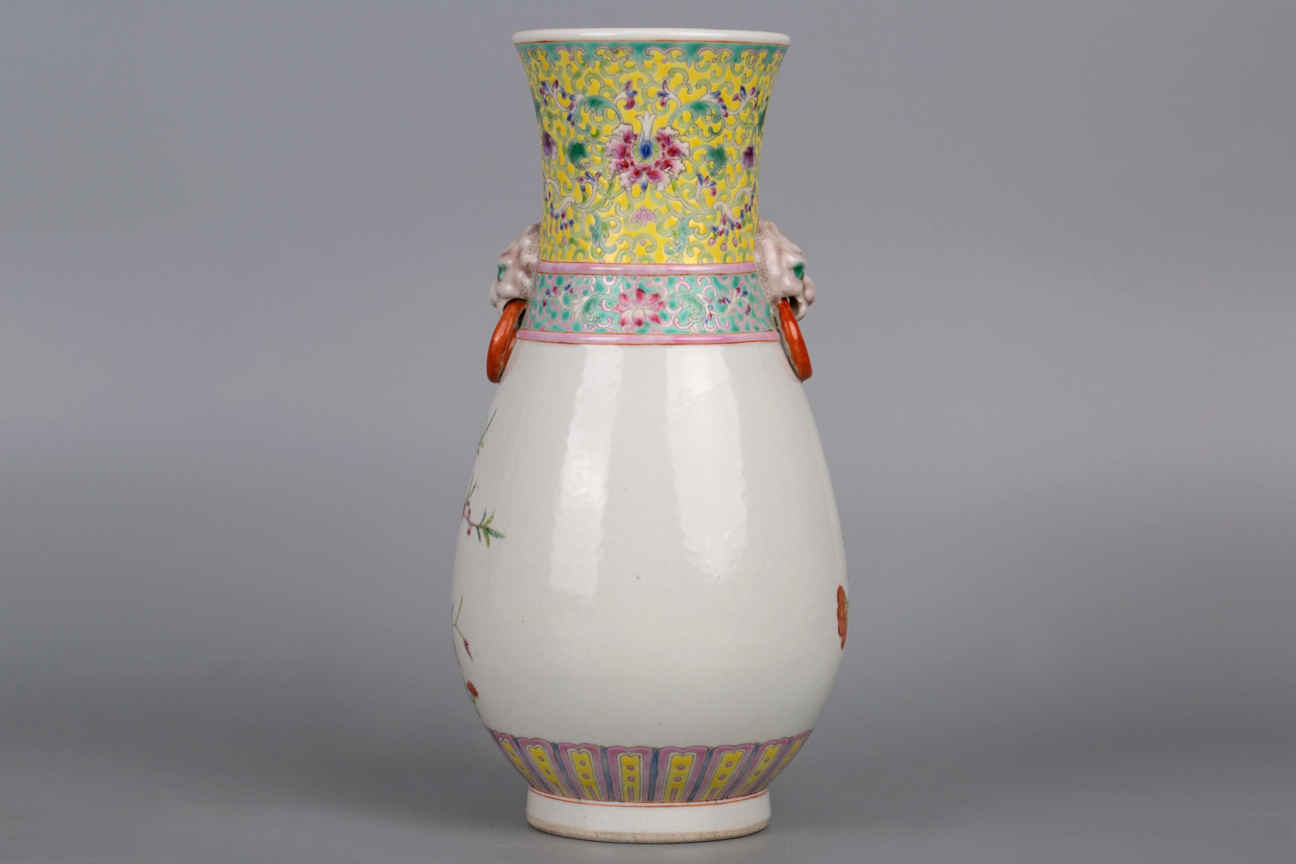 Famille rose flower and bird animal ear vase with Daqing Guanxu 