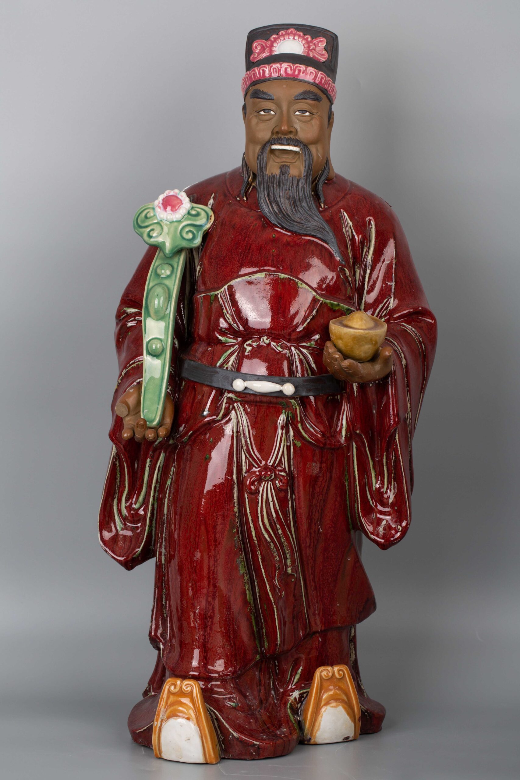 Red glazed Fulushou, late Qing dynasty石湾窑红釉福禄寿三星晚清民国 