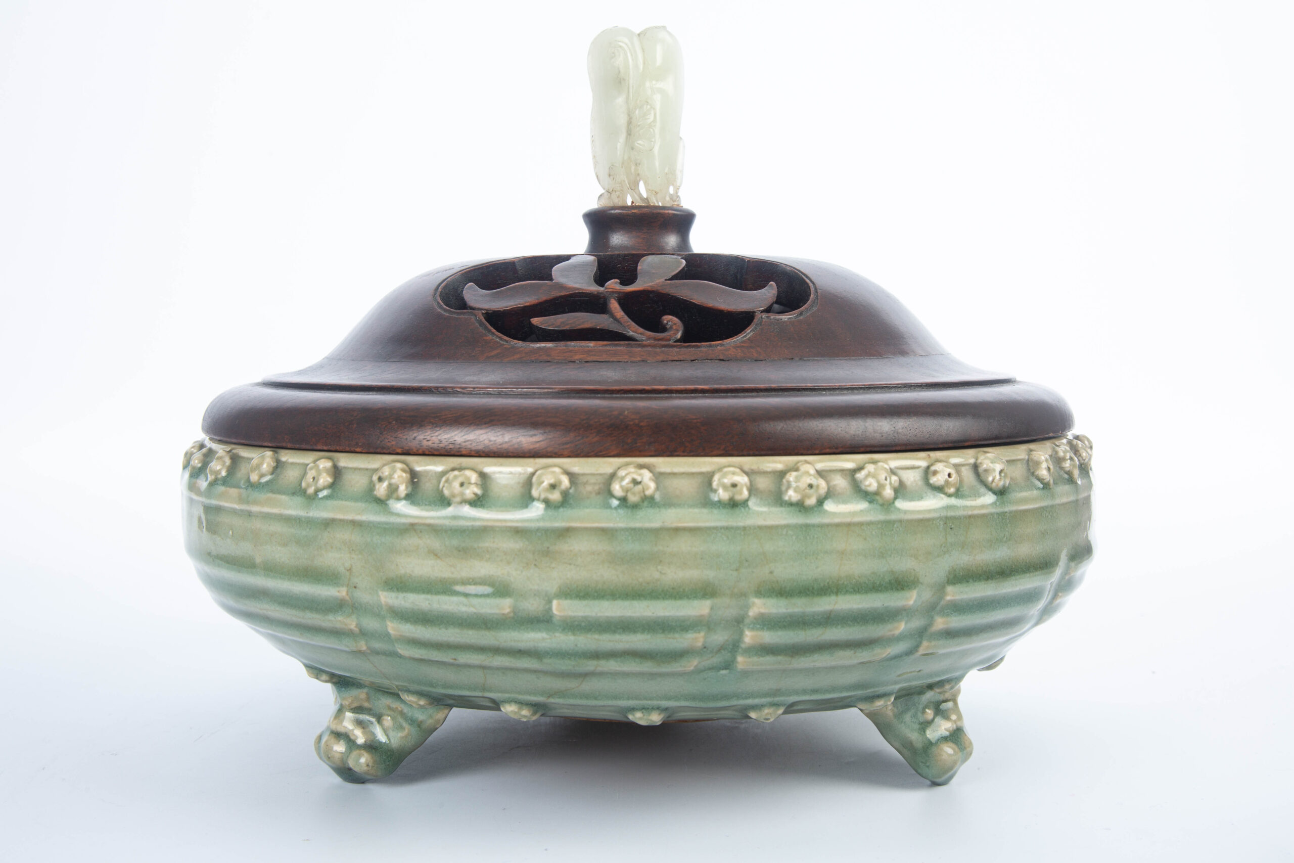 Longquan kiln tripod incense burner with Hetian jade lid, Ming 