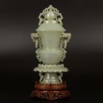Blue and white jade lotus seat flower ring ear vase 痕都斯坦式青白玉莲花座花型衔环耳赏瓶 清中晚期