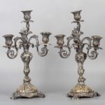 Pair of Antique Norblin & Co GALW Warszawa Metal Victorian Sabbath Candlestick Holder一对古董Norblin & Co GALW华沙金属维多利亚安息日烛台支架