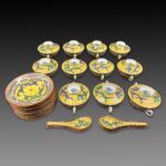 Chinese Republic Export Egg-Shell Porcelain Soup Sets十三行出口黄地龙纹花卉双耳盖碗，碟，勺 民国