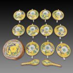 Chinese Republic Export Egg-Shell Porcelain Soup Sets十三行出口黄地龙纹花卉双耳盖碗，碟，勺 民国 - Image 2