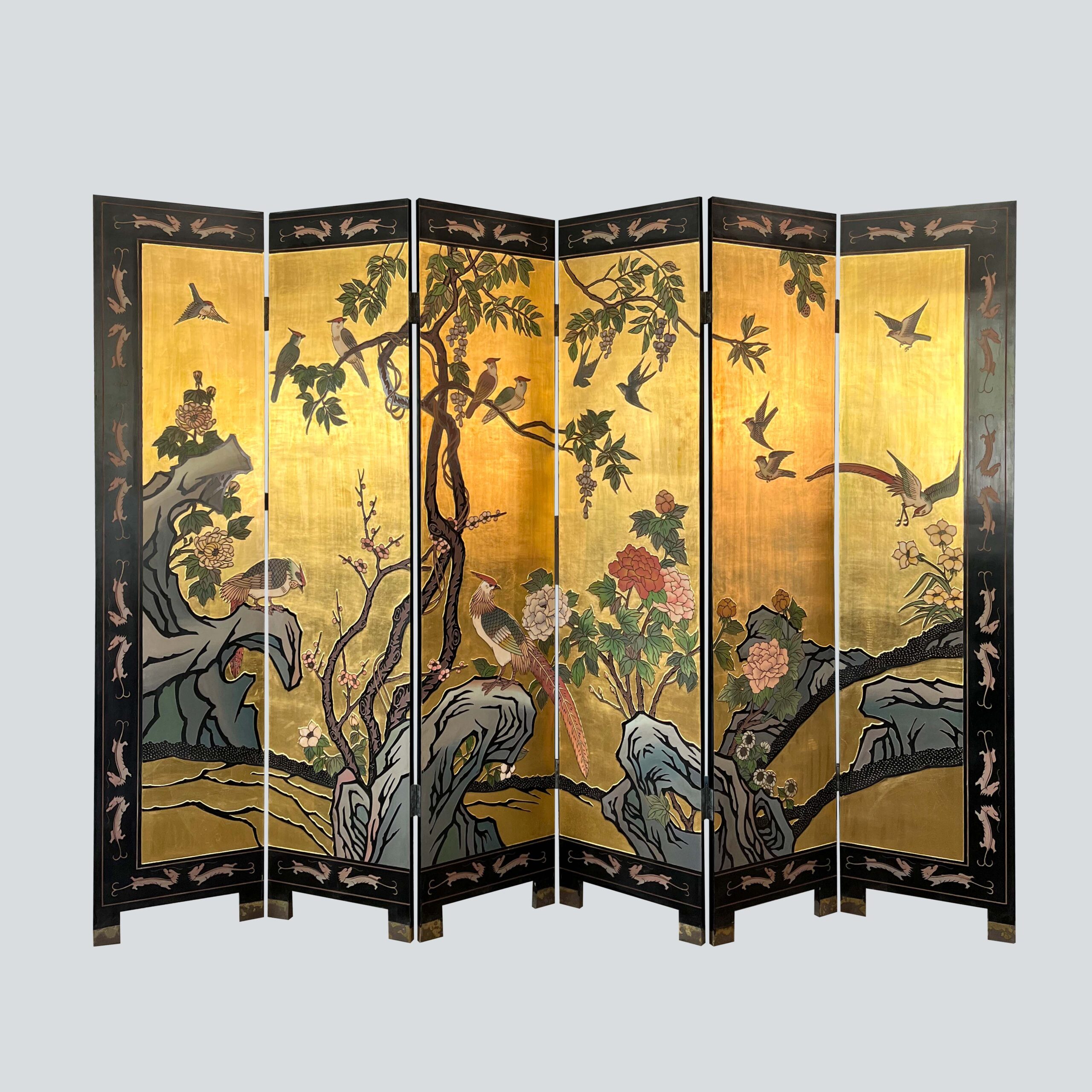 Six Panel Lacquered Screens with Golden travertine, flowers and 