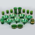 French Green Uranium Goblets, Ashtray, Tea Cups, Vase, Tripod Gilt Glassware, 19th Century, Japanese Fire Machine 1950s法国绿色铀高足酒杯，烟盅，茶杯，插瓶，三足内壁描金玻璃器具十九世纪，日本火机1950s