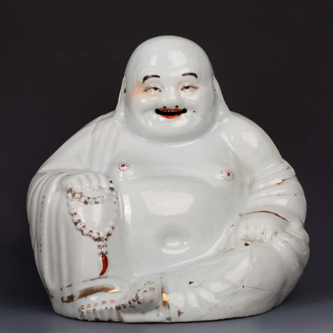 Gold painted Arhat Laughing Buddha with Zhu Yishun mark, Republic of China, damaged民国名家 朱义顺 鎏金罗汉笑佛 有伤