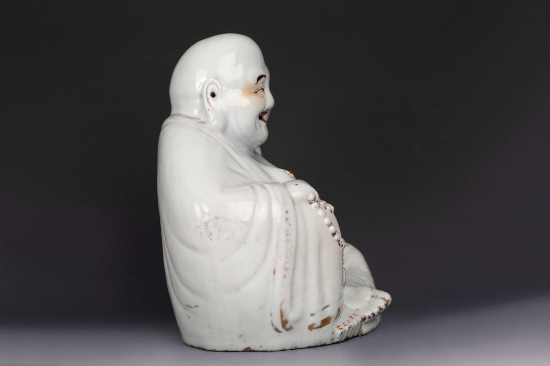 Gold painted Arhat Laughing Buddha with Zhu Yishun mark, Republic of China, damaged民国名家 朱义顺 鎏金罗汉笑佛 有伤 - Image 6