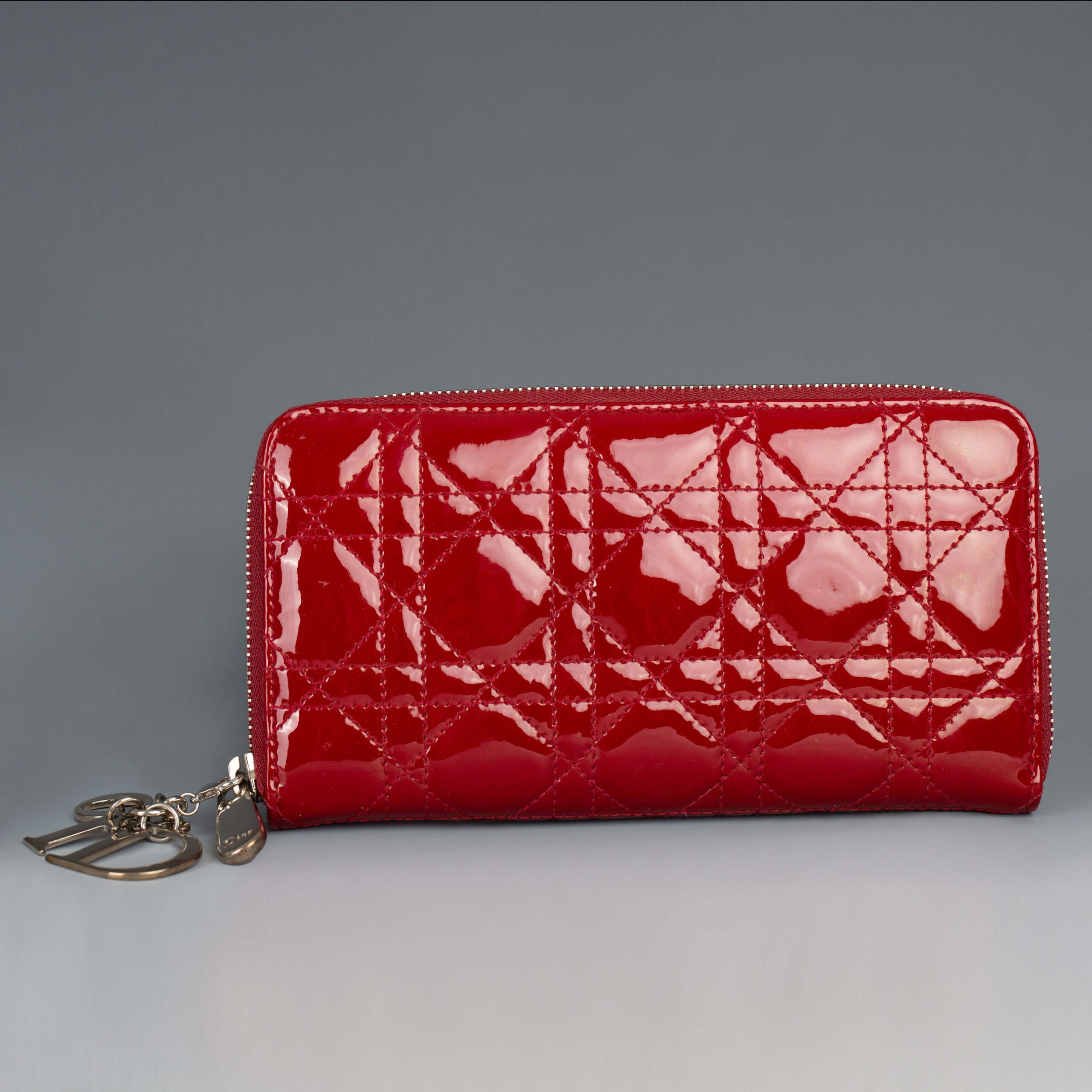 Dior Red Cannage Pattern Patent Leather Continental Zip Wallet克
